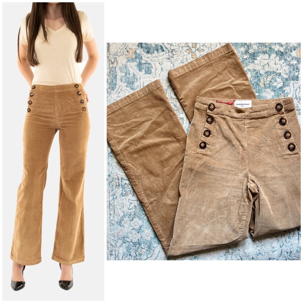 Le Petite Etoile Paris Paulie Pantalones Corduroy Flare Pants Tan Sailor Buttons